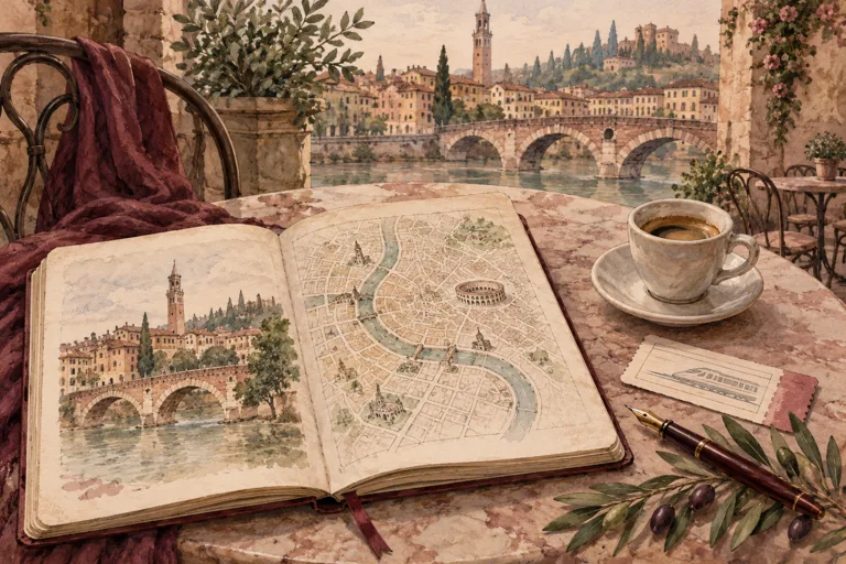Editorial still life of a travel notebook, illustrated city map, espresso and train ticket beside a Verona-inspired river view.
