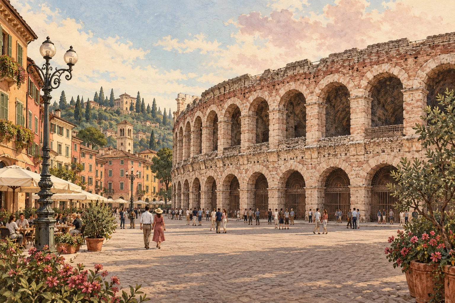 Editorial illustration of Verona’s limestone Arena beside Piazza Bra in warm afternoon light